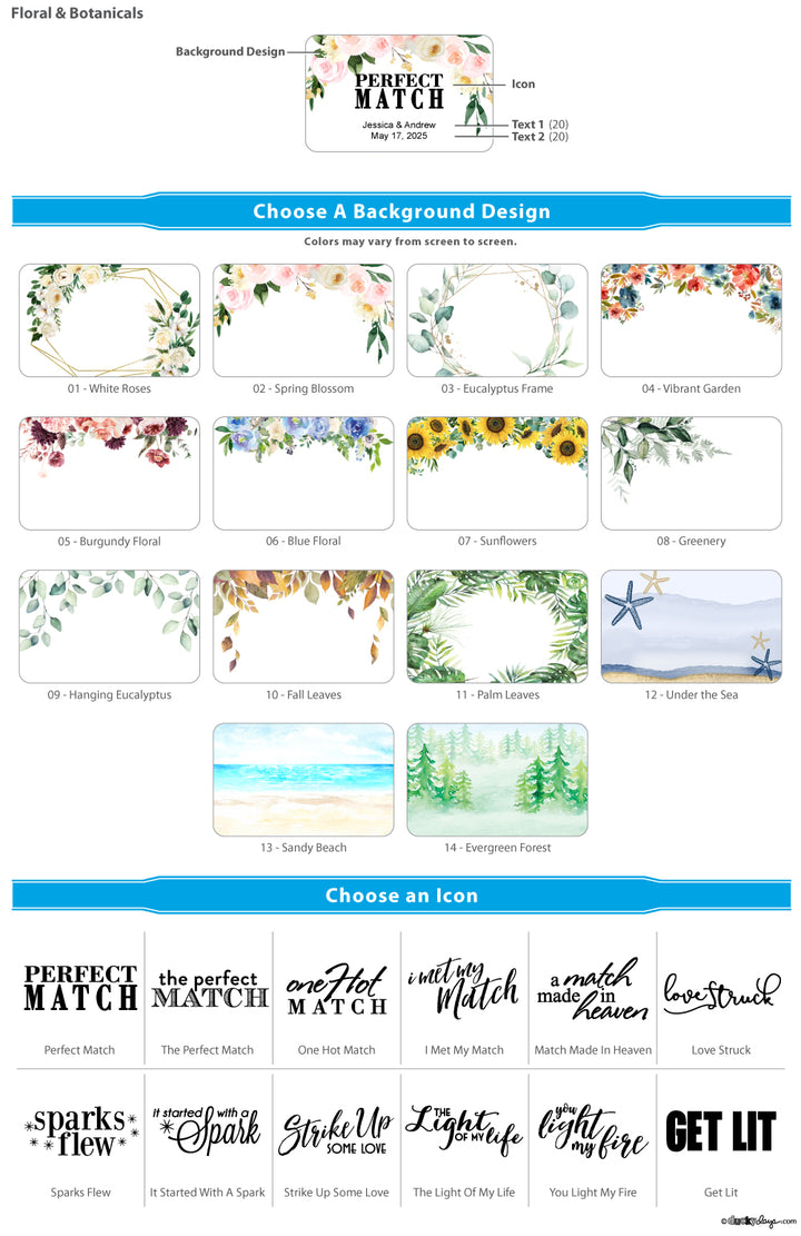 Floral &amp; Botanicals Personalized Matches - Set of 50